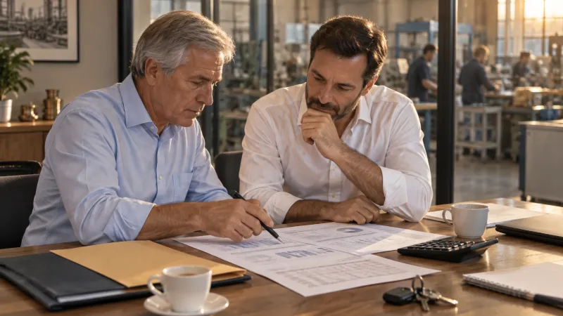 Cédant et repreneur d’une PME relisant ensemble un plan de financement sur une table d’atelier, dossiers d’aides ouverts