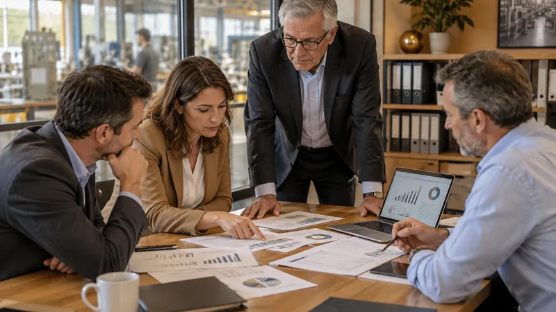 Dirigeant de PME et sa future équipe de direction examinant des tableaux de bord autour d’une table, dans les bureaux de l’entreprise
