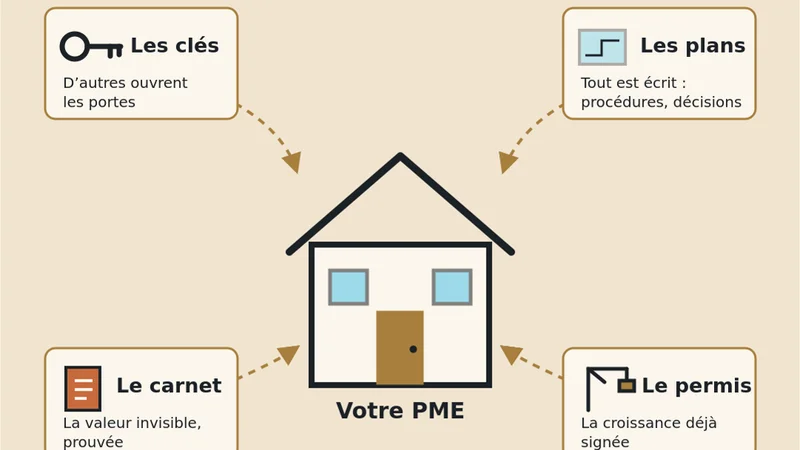 Infographie : une maison entourée de ses clés, de ses plans, de son carnet d’entretien et de son permis d’agrandir