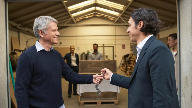 Cédant et repreneur sur le seuil d’un atelier de PME, au moment de la passation