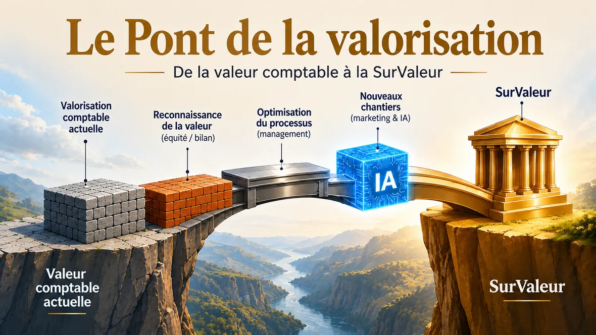 Les cinq travées du Pont de la Valorisation, de la valeur comptable à la SurValeur : bilan retraité, Sweat Equity, management et processus, nouveaux chantiers marketing et IA. Le cadre de valorisation utilisé dans les dossiers de cession et de reprise d'entreprise.